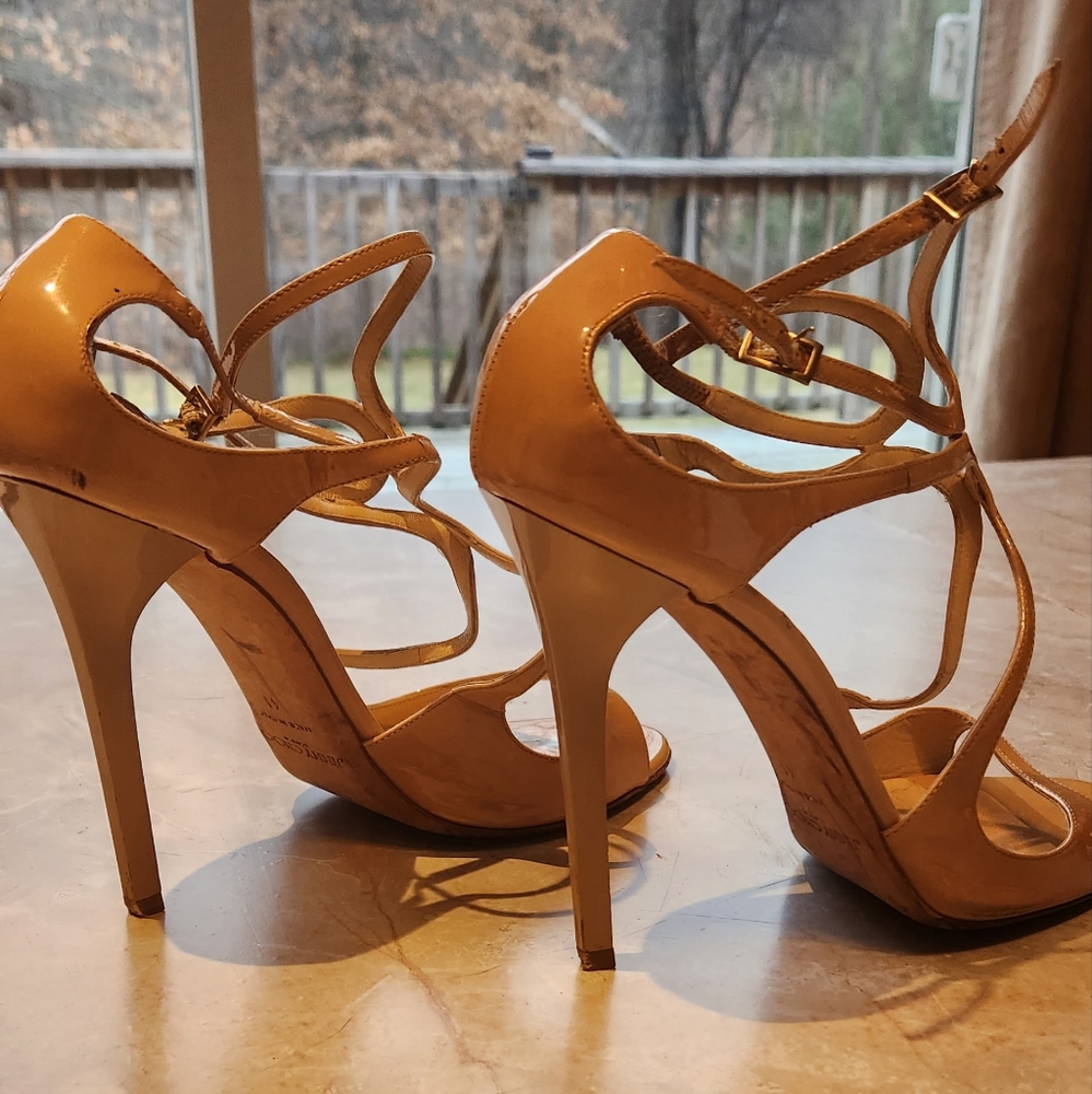 Jimmy Chu Nude Patent Leather Strappy Stilettos